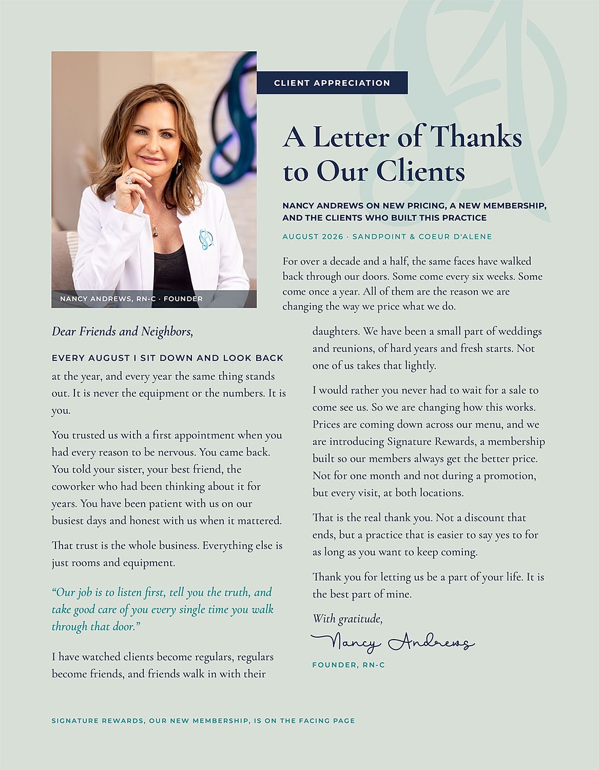 Client appreciation letter from Nancy Andrews, RN.