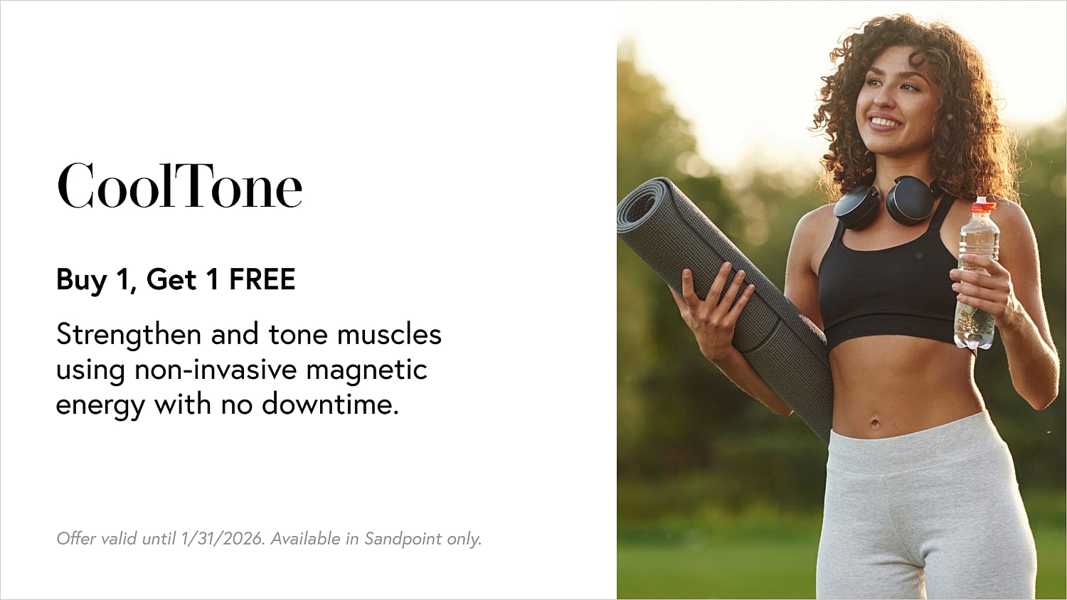 Fitness promotion featuring woman with yoga mat.