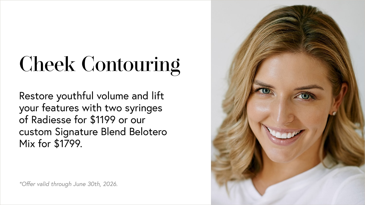 Cheek contouring promotional offer with smiling model.